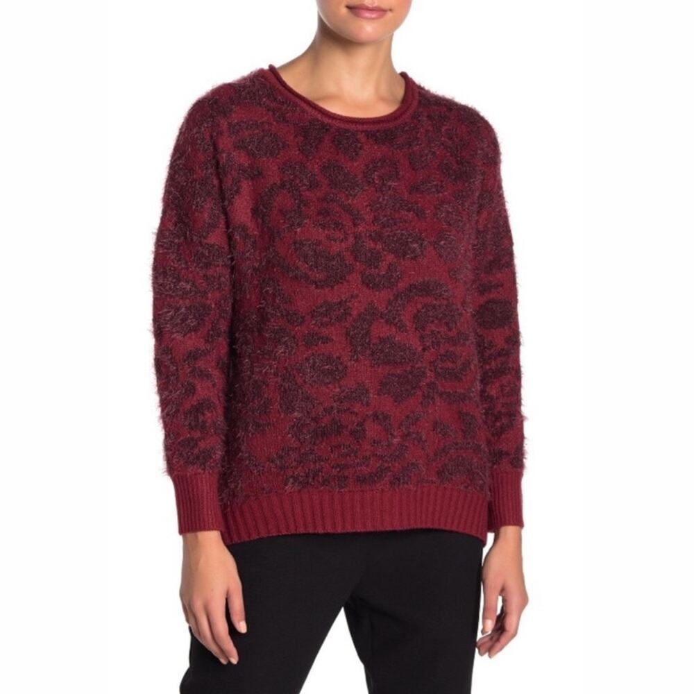 New 14th & Union Red Leopard Print Mohair Fuzzy Pullover Sweater Medium Petite